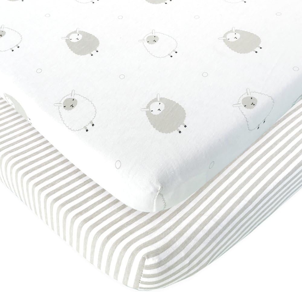 Bedside Sleeper Bassinet Sheets – Compatible with Milliard Side Sleeper – Fits 21 x 36 Mattress Without Bunching – Snuggly Soft Jersey Cotton – Grey Sheep, Stripe – 2 Pack