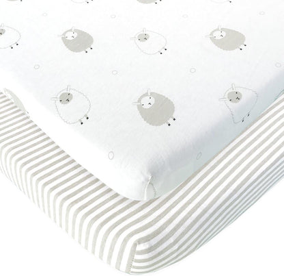 Bedside Sleeper Bassinet Sheets – Compatible with Milliard Side Sleeper – Fits 21 x 36 Mattress Without Bunching – Snuggly Soft Jersey Cotton – Grey Sheep, Stripe – 2 Pack