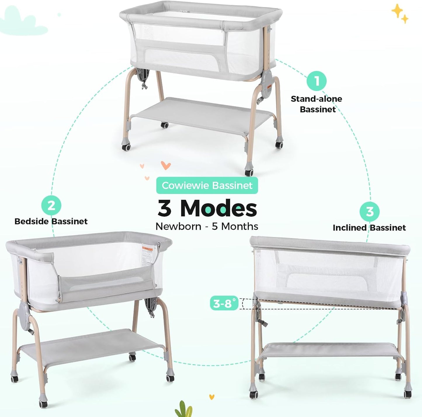 Cowiewie Bassinet Bedside Sleeper, Breathable Baby Bedside Bassinet and Mattress, Lightweight and Portable for Bedside Sleeping, Light Grey
