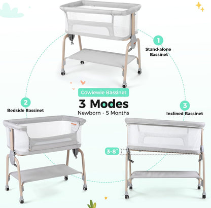 Cowiewie Bassinet Bedside Sleeper, Breathable Baby Bedside Bassinet and Mattress, Lightweight and Portable for Bedside Sleeping, Light Grey