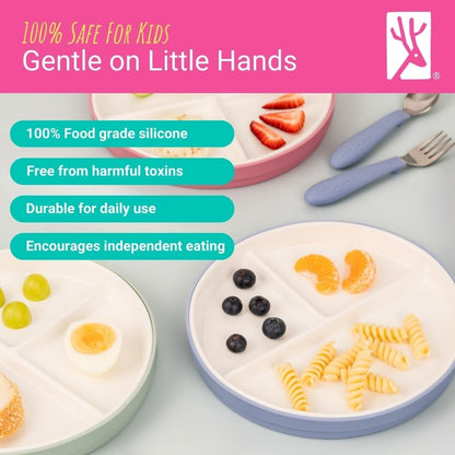 Elk and Friends Kids 7.8” Porcelain Divided Plates with Silicone Sleeves | Suitable for Babies/Kids/Toddlers | Microwave & Dishwasher Safe | Non Slip | Snack Dishes