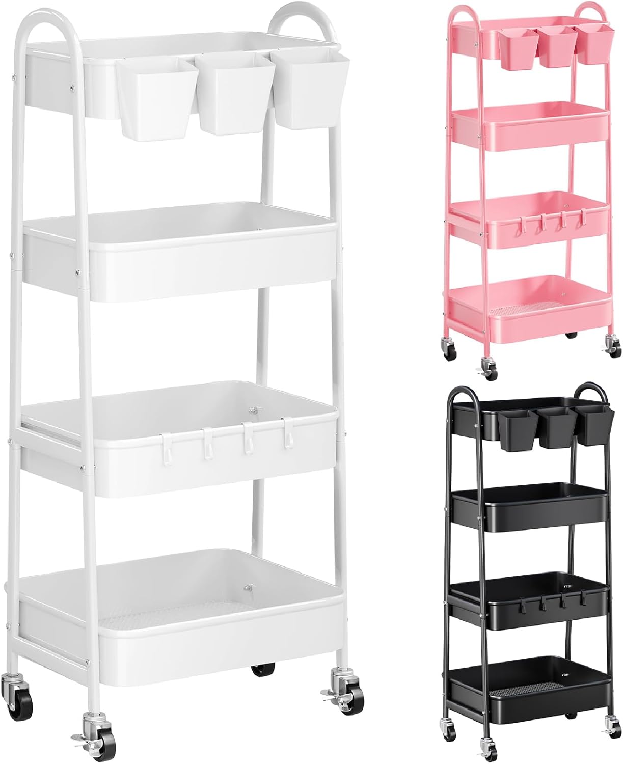 3 Tier Heavy Duty White Metal Rolling Cart with Lockable Wheels, Three Tier Roller Book Snack Cart, Utility Storage Organizer Carts for Kitchen, Bathroom, Garage, Baby Diaper, Craft, Art, Teacher