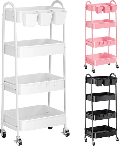 3 Tier Heavy Duty White Metal Rolling Cart with Lockable Wheels, Three Tier Roller Book Snack Cart, Utility Storage Organizer Carts for Kitchen, Bathroom, Garage, Baby Diaper, Craft, Art, Teacher