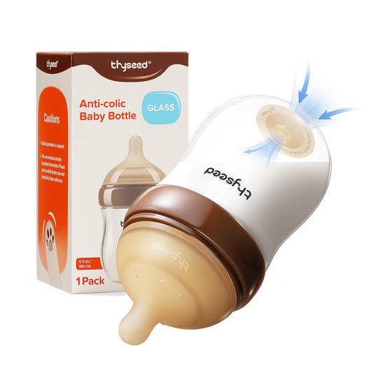 Thyseed Anti-Colic Glass Baby Bottle for Breastfed Infants, Natural Feeding, Breast-Like Newborn Extra Slow Flow Nipple (0m+), 5 oz, 2 Pack
