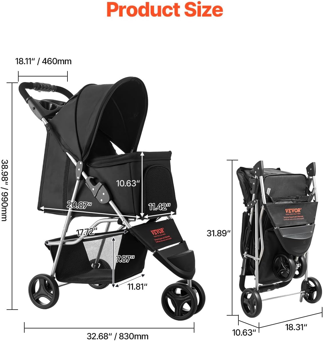 VEVOR Pet Stroller, 44 lbs Weight Capacity, Foldable Dog Cart, 4 Wheels Cats Stroller with Mesh Windows & Revrsible Handle, Portable Pet Carrier with Brake, for Small to Medium Pets