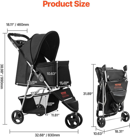 VEVOR Pet Stroller, 44 lbs Weight Capacity, Foldable Dog Cart, 4 Wheels Cats Stroller with Mesh Windows & Revrsible Handle, Portable Pet Carrier with Brake, for Small to Medium Pets