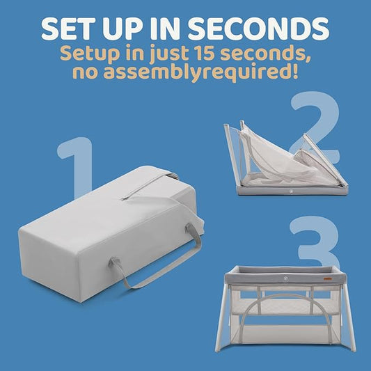 HARPPA Travel Crib with Comfy Pad, Lightweight Portable Crib Requires No Assembly, Foldable Pack and Play for Baby and Toddlers, Compact Play Yard with Bed,Gray