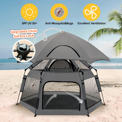 Instant Pop Up Baby Playpen with UV Canopy & Safety Lock, Portable Outdoor Beach Tent Play Yard for Toddlers, Breathable Mesh & Carry Bag, Indoor & Backyard Use (Orange)