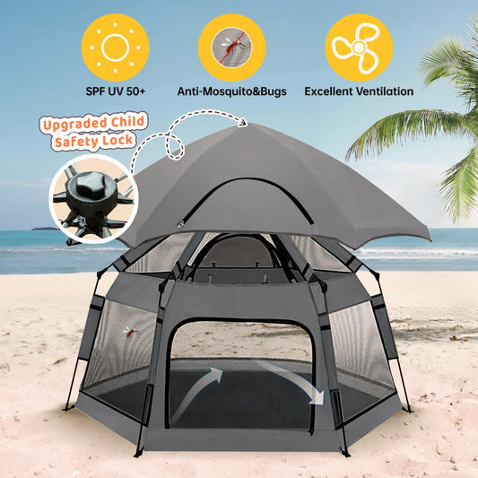 Instant Pop Up Baby Playpen with UV Canopy & Safety Lock, Portable Outdoor Beach Tent Play Yard for Toddlers, Breathable Mesh & Carry Bag, Indoor & Backyard Use (Orange)