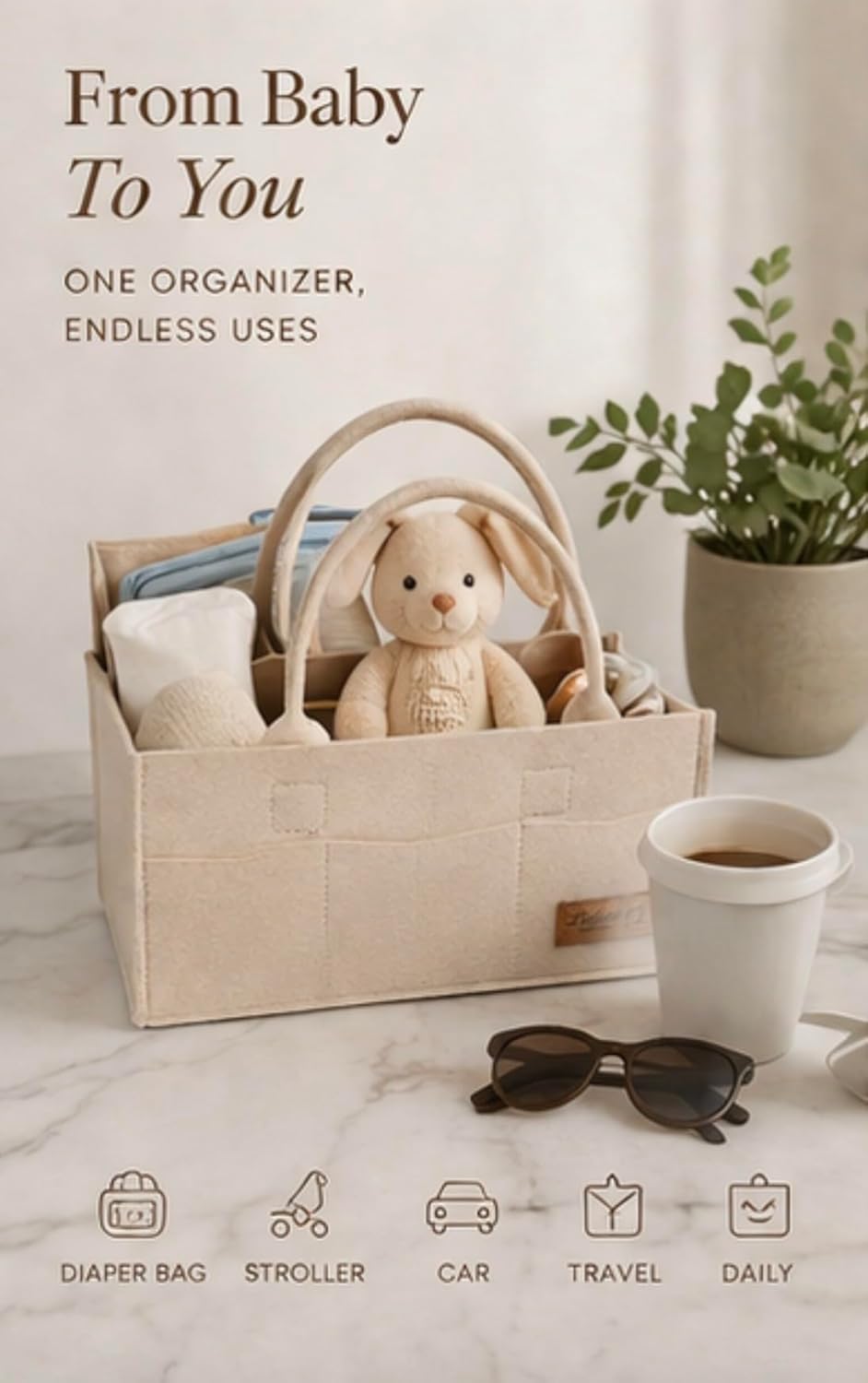 Diaper Caddy Organizer, Portable Nursery Storage Basket with Handles and Removable Dividers, Felt Baby Organizer for Diapers, Wipes, Toys and Essentials