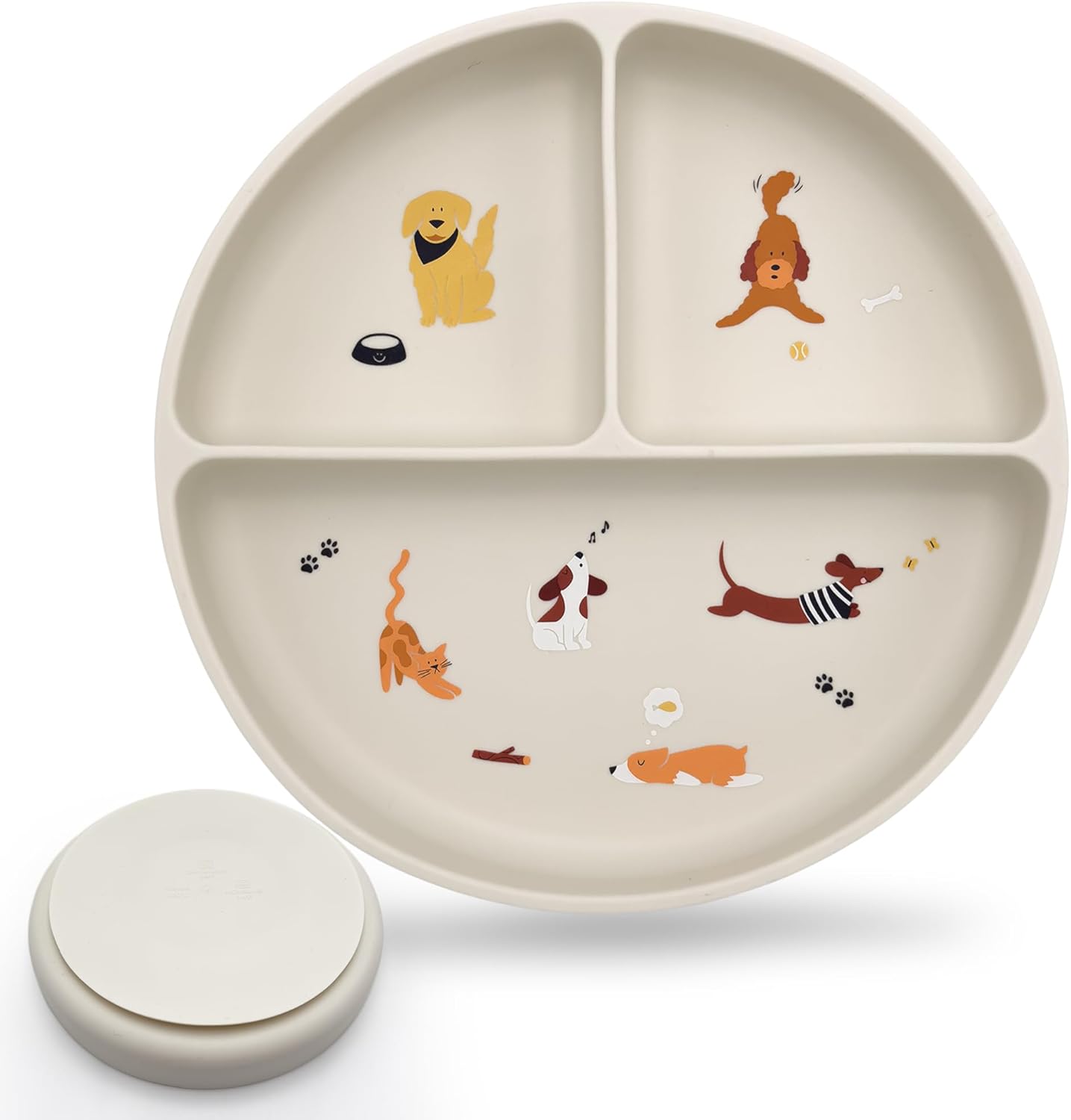 Silicone Suction Plates with Dividers - Grip Plates for Babies 6-12 Months and Toddlers 1-3, Toddler and Baby Dishes, Baby Led Weaning Essentials, Dishwasher Safe (Beige - Dogs and Cats)