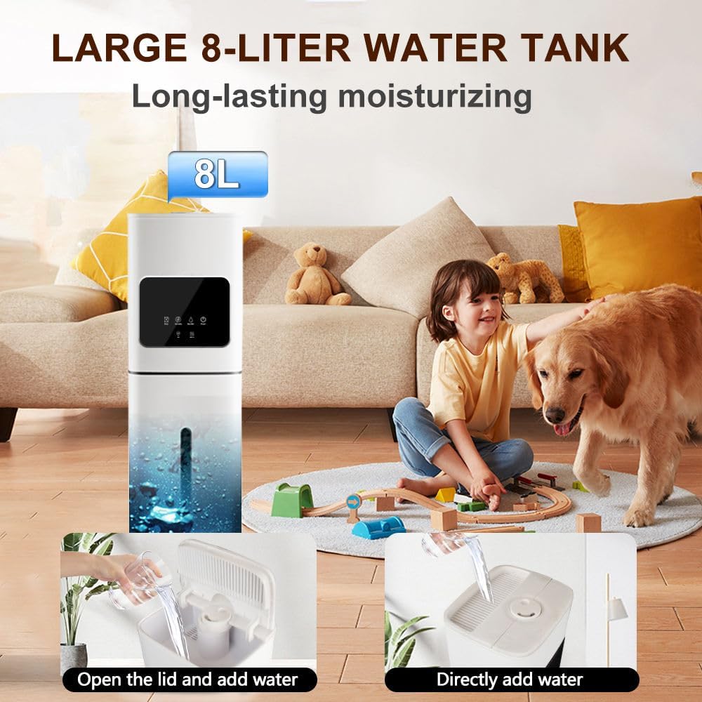Smart White Humidifier, 2.1Gal/8L Large Capacity Cool Mist Humidifier with 3 Mist Levels, Auto Humidity Control, Timer & Auto Shut-Off, LED Panel & Remote, 360° Nozzle for Nursery, Office, Plants