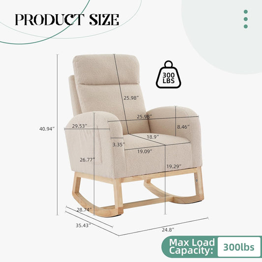 Garvee Teddy Fleece Nursery Rocking Chair,Upholstered Glider with 26" High Backrest, Padded Seat,Modern 300 Lbs Weight Capacity Accent Recliner for Living Room, Bedroom, Reading