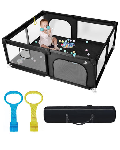 Baby Playpen with Mat, 71" x 59" Extra Large Play Yard for Babies and Toddlers, Baby Fence with Soft Thick Play Mat, Indoor Safety Activity Center for Infants, Easy to Assemble and Clean（Gray）