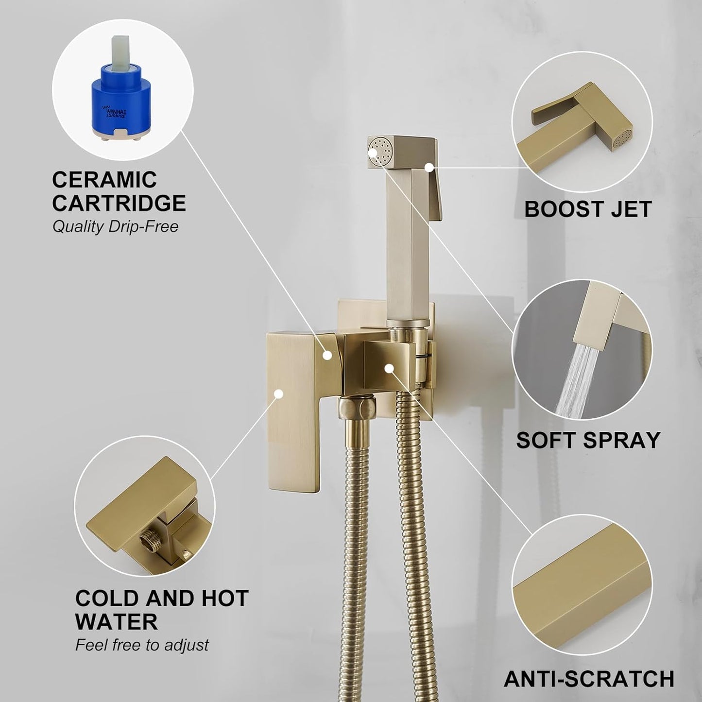 BWE Handheld Toilet Bidet Sprayer with Adjustable Water Pressure for Toilet Hot and Cold Bidet Spray Set Brass Toilets Bidets Wall Mount Cleaning Faucet Jet for Feminine Wash, Matte Black