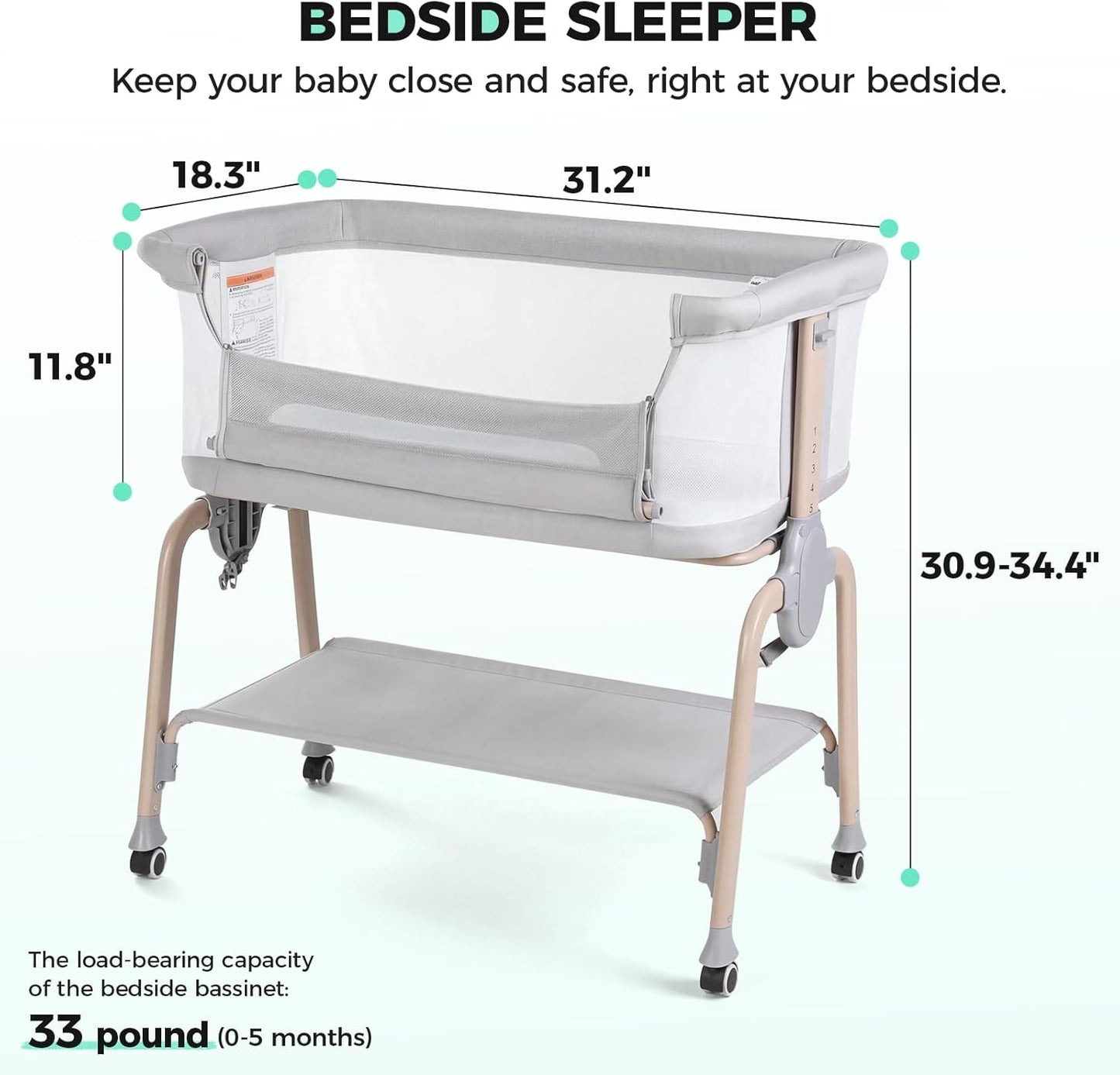 Cowiewie Bassinet Bedside Sleeper, Breathable Baby Bedside Bassinet and Mattress, Lightweight and Portable for Bedside Sleeping, Light Grey