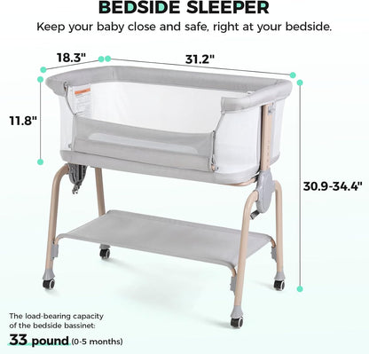 Cowiewie Bassinet Bedside Sleeper, Breathable Baby Bedside Bassinet and Mattress, Lightweight and Portable for Bedside Sleeping, Light Grey