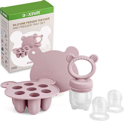 Silicone Baby Fruit Food Feeder & Mini Freezer Nibble Tray, Breastmilk Popsicle Molds for Baby Teething Relief, BPA Free Silicone Teething Toys Feeder for Safe Infant Self Feeding, Extra Food Pouches