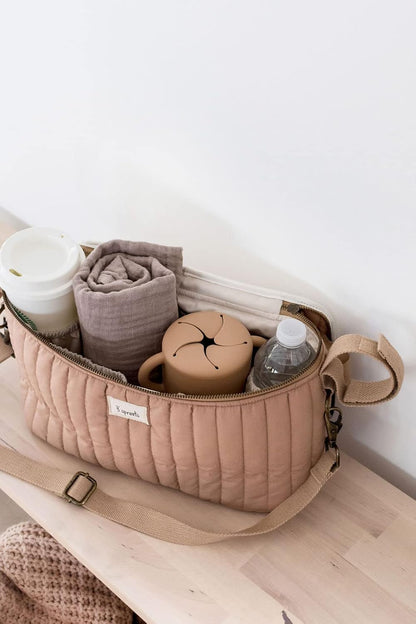 3 Sprouts Universal Quilted Stroller Organizer with Cup Holder and Zip Top - Durable Caddy Accessory with Storage - Shoulder Strap Converts Organizer to Small Diaper Bag - Gray