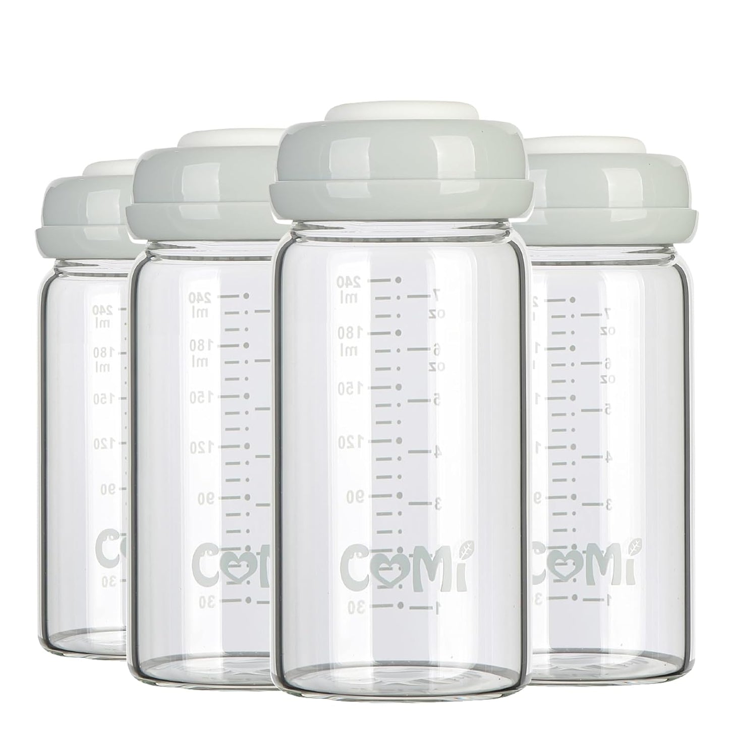 COMI Wide Neck Glass Breastmilk Collection n Storage Bottle, 4 Packs,10oz with Screw Ring Sealing Disk,Re-markable Sealing Disc,BPA Free,Fits Breast Pumps&Nipples(4 Green Lids)