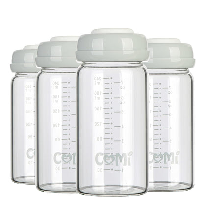 COMI Wide Neck Glass Breastmilk Collection n Storage Bottle, 4 Packs,10oz with Screw Ring Sealing Disk,Re-markable Sealing Disc,BPA Free,Fits Breast Pumps&Nipples(4 Green Lids)