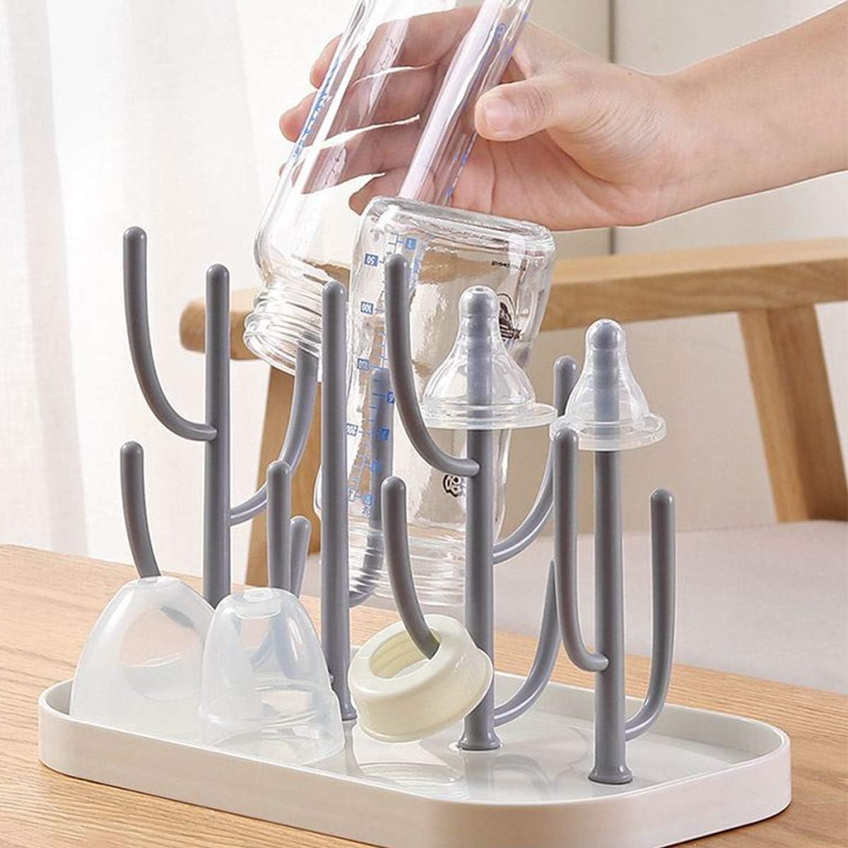 Baby Bottle Drying Rack with Base, Creative Tree Branch Baby Bottle Dryer Holder for Bottles, Teats, Cups, Pump Parts and Accessories (Gray)