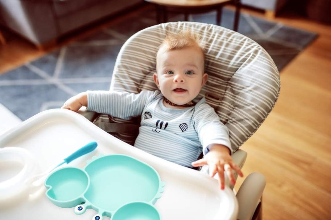 Silicone Suction Plate for Toddlers with Fork Spoon Set - Self Feeding Training Divided Plate Dish and Bowl for Baby and Toddler, Fits for Most Highchairs Trays (Green)