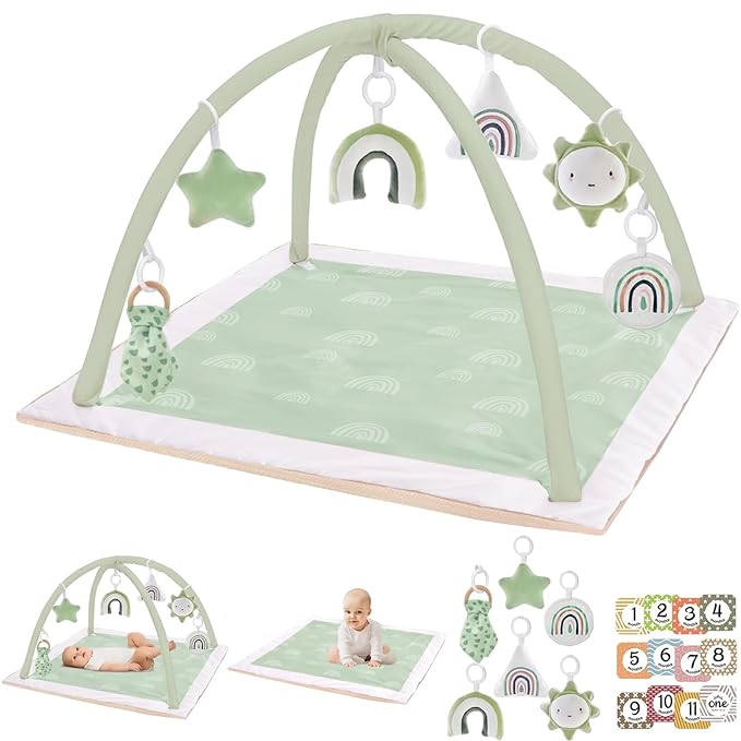 Mallify Washable Tummy Time Mat, Baby Play Gym with 6 Featured Toys, Baby Gym for Infant & Toddler, Larger Baby Play Mat, Deluxe Baby Play Mats for Floor, Sensory and Motor Skill Development, Green
