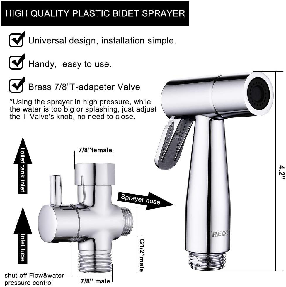 ABS Handheld Bidet Sprayer for Toilet,REWEE Chrome Plate Plastic Bidet Attachment for Toilet,Cloth Diaper Bidet Toilet Sprayer,Toilet Bidet Set Cleaning Hygiene shutoff