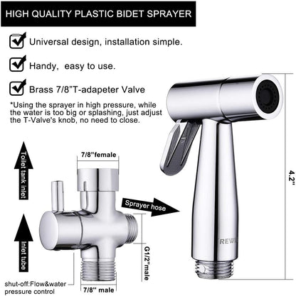 ABS Handheld Bidet Sprayer for Toilet,REWEE Chrome Plate Plastic Bidet Attachment for Toilet,Cloth Diaper Bidet Toilet Sprayer,Toilet Bidet Set Cleaning Hygiene shutoff