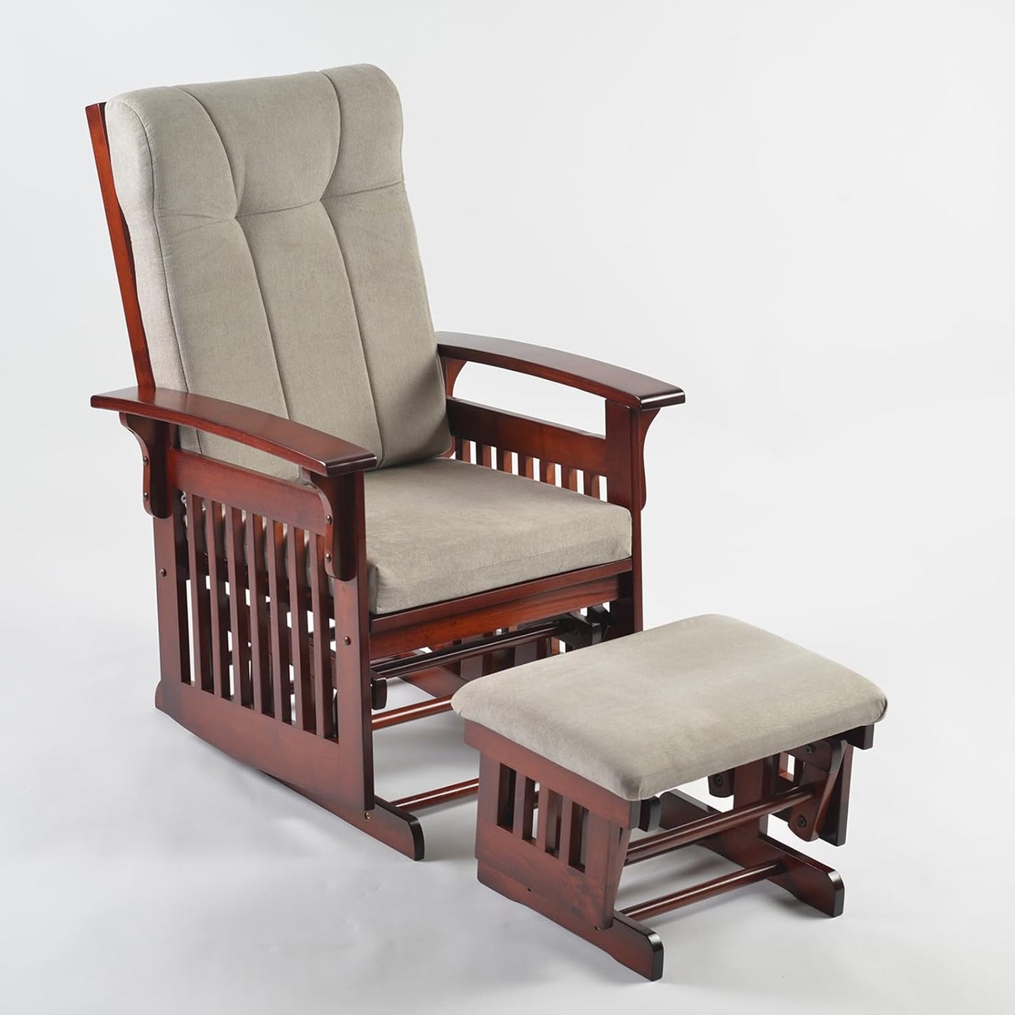 Rustic Rubber Wood Glider and Ottoman Set, Nursery Glider Chair for Breastfeeding and Relaxing, Comfortable Rocking Chair for Living Room and Bedroom（Tan）