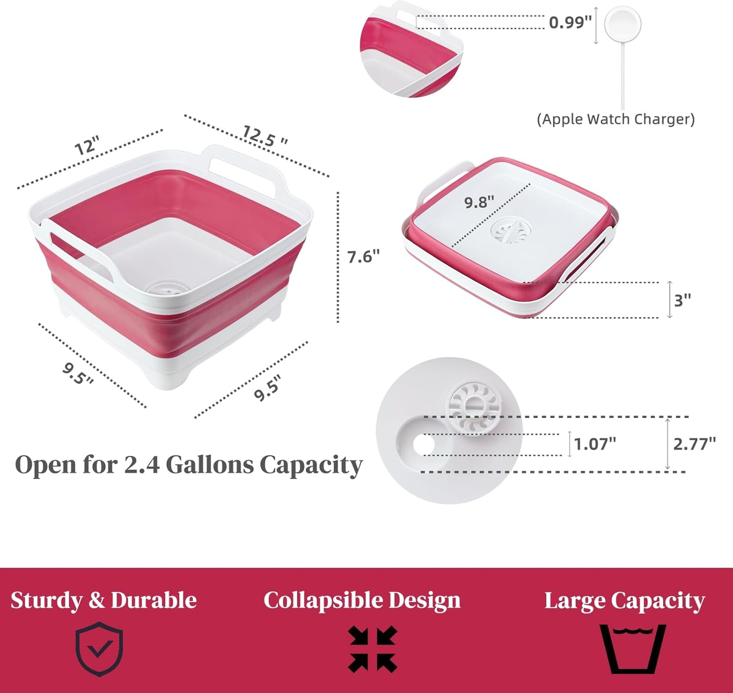 GIMWA Collapsible Wash Basin for Baby Bottles - 2.4 Gallons Portable Wash Bin for RV Camping Sink, Space-Saving Dish Tub (Pink)