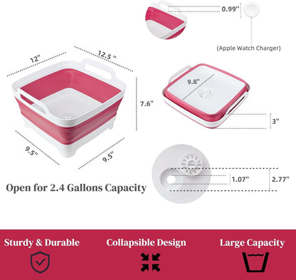 GIMWA Collapsible Wash Basin for Baby Bottles - 2.4 Gallons Portable Wash Bin for RV Camping Sink, Space-Saving Dish Tub (Pink)