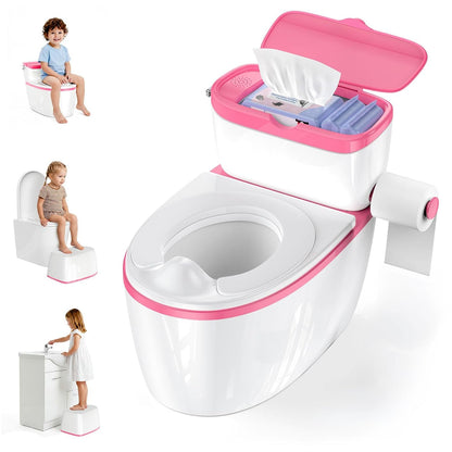3-in-1 Toddler Potty Training Toilet with Flushing Sound, Wipes Storage & Toilet Paper Holder, Realistic Potty Chair with Detachable Seat and Easy-Clean Design for Boys & Girls Ages 18+ Months (Green)