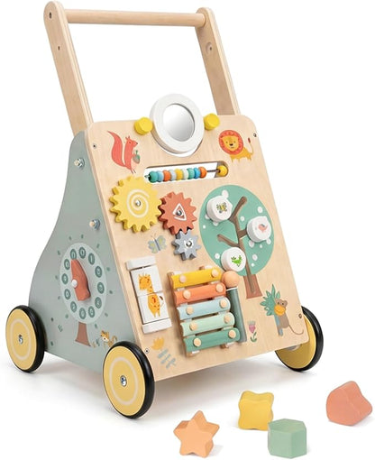 GiggleGems Wooden Baby Walker, Multiple Learning Activities Center Develops Motor Skills for Infant to Toddler, Push and Pull Walkers with Wheel for Boys Girls