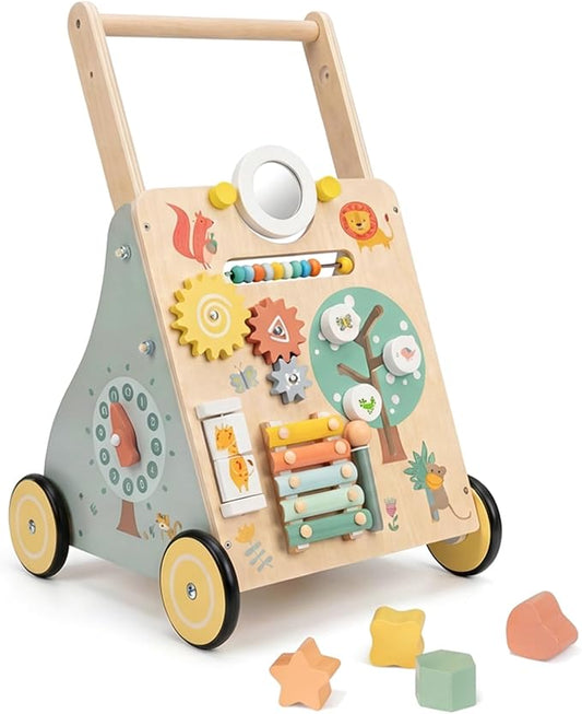 GiggleGems Wooden Baby Walker, Multiple Learning Activities Center Develops Motor Skills for Infant to Toddler, Push and Pull Walkers with Wheel for Boys Girls