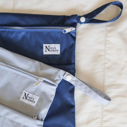 Nora's Nursery Reusable Wet Dry Bag for Cloth Diapers, Washable Pod with Large Zipper Opening, 2-Pack Waterproof Diaper Pods with Detachable Snap, Wet Bags for Cloth Diapers
