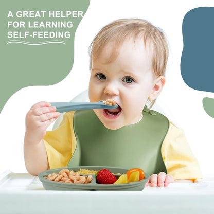 10 Pack Silicone Baby Feeding Set, Toddlers Led Weaning Feeding Supplies with Suction Baby Bowl Divided Plate Adjustable Bib Soft Silicone Spoon Fork, Infant Self Eating Utensil Set (Gray, Khaki)