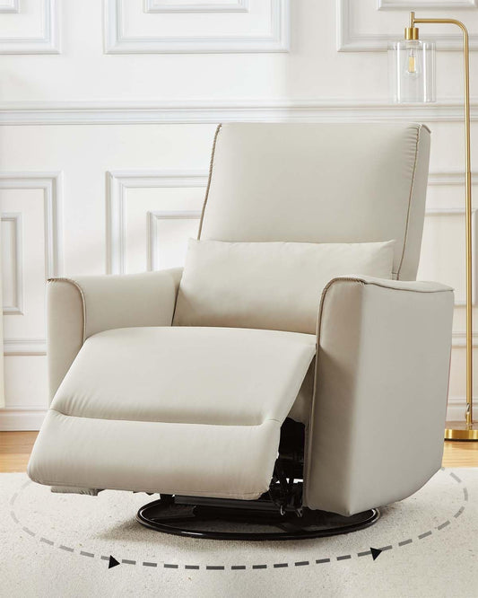 GarveeHome Recliner Chair, 360° Swivel Rocker Glider Nursery Chair with Padded Armrest and Deep Seat, PU Leather Upholstered Reclining Sofa Chair for Living Room, Bedroom and Nursery (White)
