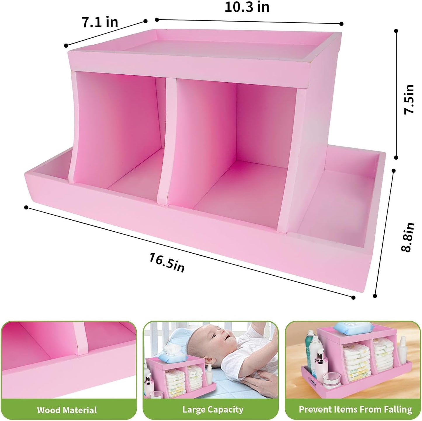 Diaper Caddy Organizer, Changing Table Organizer, Wooden Diaper Organizer for Nursery, Baby Diaper Storage Organizer with Removable Dividers (Brown, Rectangular Size)