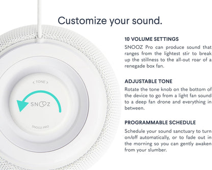 SNOOZ Pro White Noise Sound Machine - Natural Fan Noise, Non-Looping Sound, App Scheduler - Travel Case Included, Sleep Aid for Adults & Baby, 10 Volume Settings, Portable, Gift Registry - Cotton