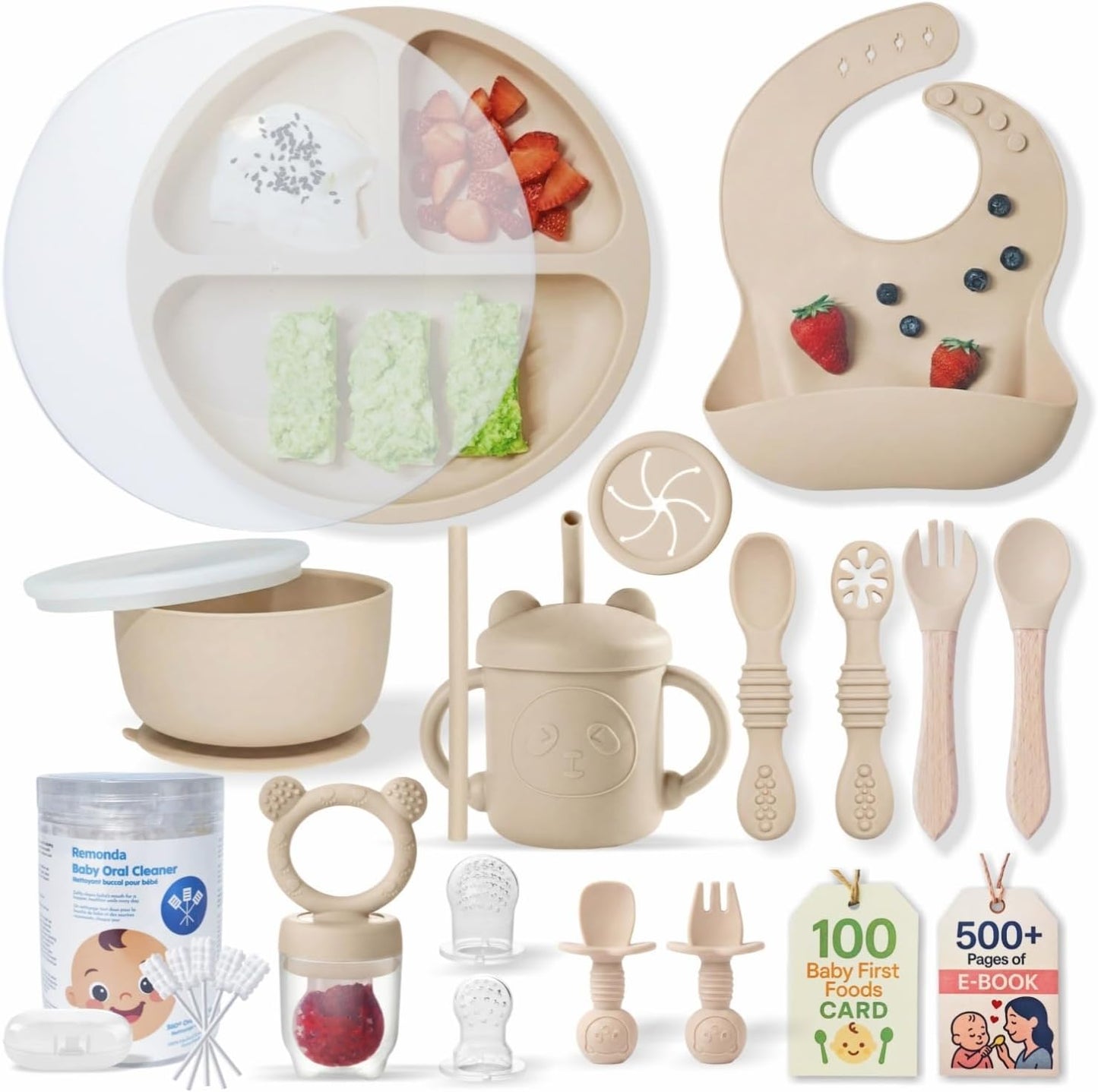 Remonda 23-Piece BPA-Free Silicone Baby Feeding Set | Extra Large Suction Plates, Toddler Bowls, Self Feeding Spoons, and More | Dishwasher Safe| Baby Led Weaning Supplies (Green）01
