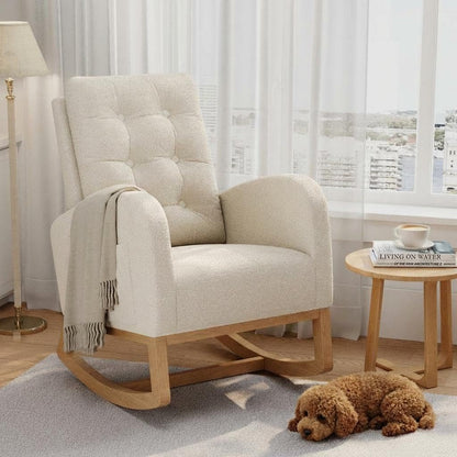Modern Rocking Chair for Living Room, Comfortable Recliner Rocker with Side Pocket, Soft Linen Upholstered Glider Chair for Bedroom, Nursery, Lounge-Grey