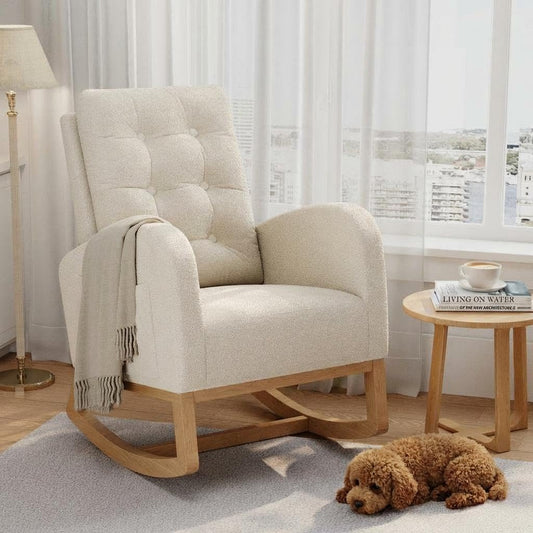 Modern Rocking Chair for Living Room, Comfortable Recliner Rocker with Side Pocket, Soft Linen Upholstered Glider Chair for Bedroom, Nursery, Lounge-Grey