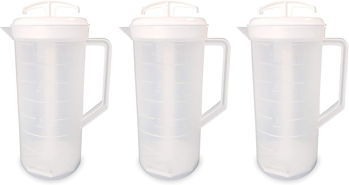 JBK Pottery 2-Quart White Mixing Pitcher with Plunger – BPA-Free Plastic Mixing Jug for Juice, Milk, Tea, Shakes, and More – Dishwasher-Safe, Spill-Proof Lid, Smart Stirring Design