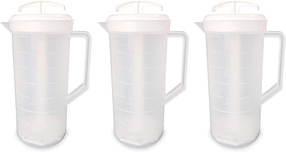 JBK Pottery 2-Quart White Mixing Pitcher with Plunger – BPA-Free Plastic Mixing Jug for Juice, Milk, Tea, Shakes, and More – Dishwasher-Safe, Spill-Proof Lid, Smart Stirring Design