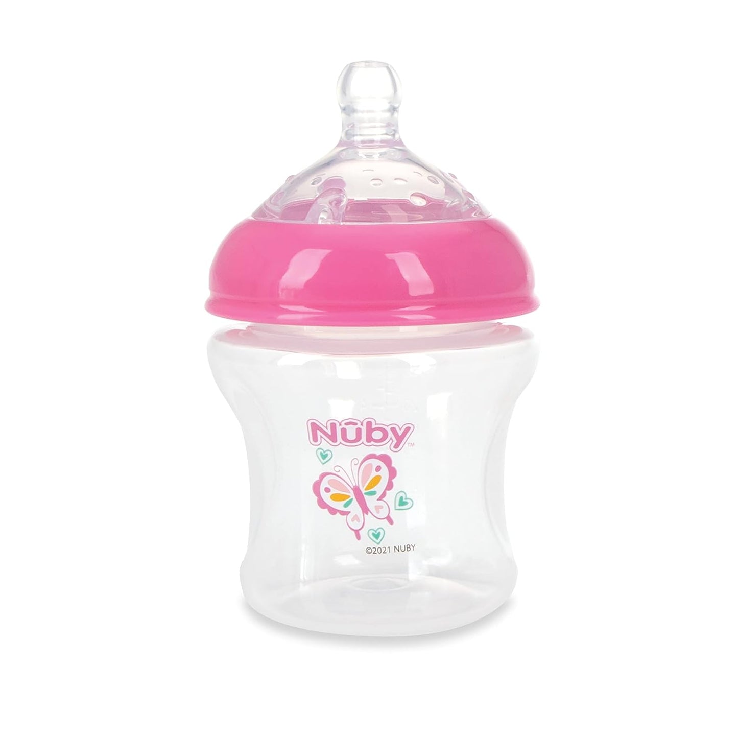 Nuby 3-Pack Infant Feeding Bottles with Slow Flow Breast Size Silicone Nipple: 0+ Months, 6oz, 3 Pack Set: Delicate Star, Rainbow, Butterfly Prints