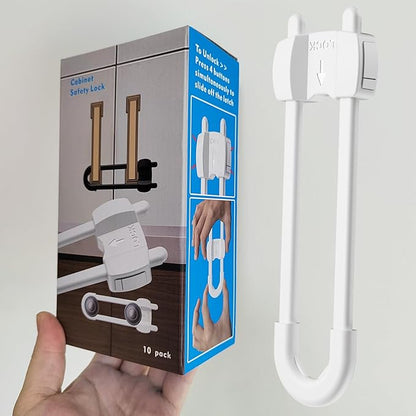 LRANFOW 10 Pack U-Shaped Baby Proof Cabinet Locks No Drilling Required, Adjustable Child Safety Latches for Cabinets Drawers Kitchen Doors, White