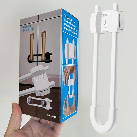 LRANFOW 10 Pack U-Shaped Baby Proof Cabinet Locks No Drilling Required, Adjustable Child Safety Latches for Cabinets Drawers Kitchen Doors, White