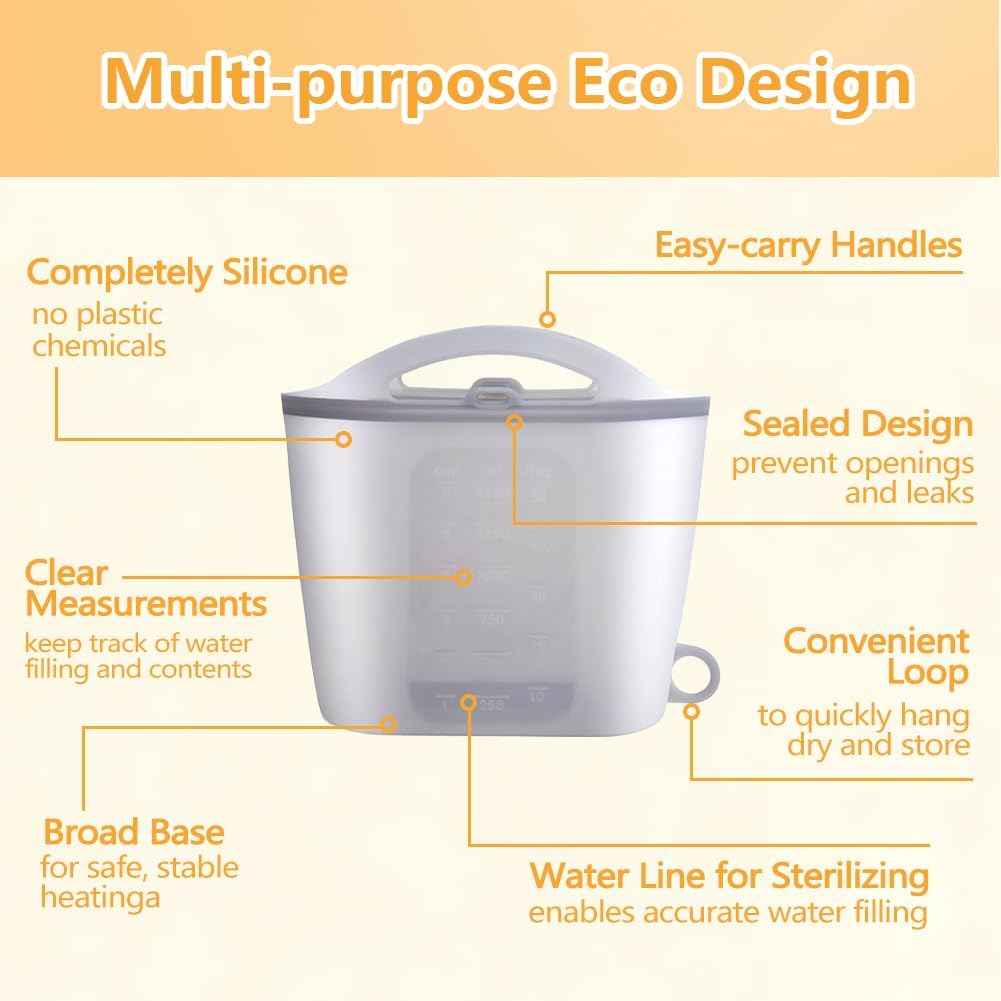 Silicone Microwave Steam Sterilizer Bag 1500ML Reusable Steaming Bags for Baby Bottles, Breast Pump,Pacifiers and Teethers，Breast Feeding Baby Travel Accessories